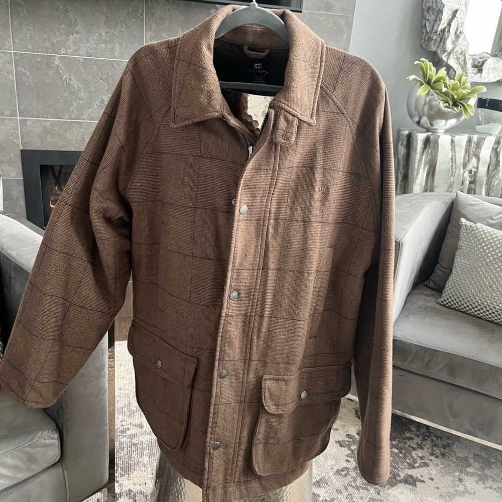 Mens Chaps window pane wool zip up front jacket size large satin lined Ed Gein